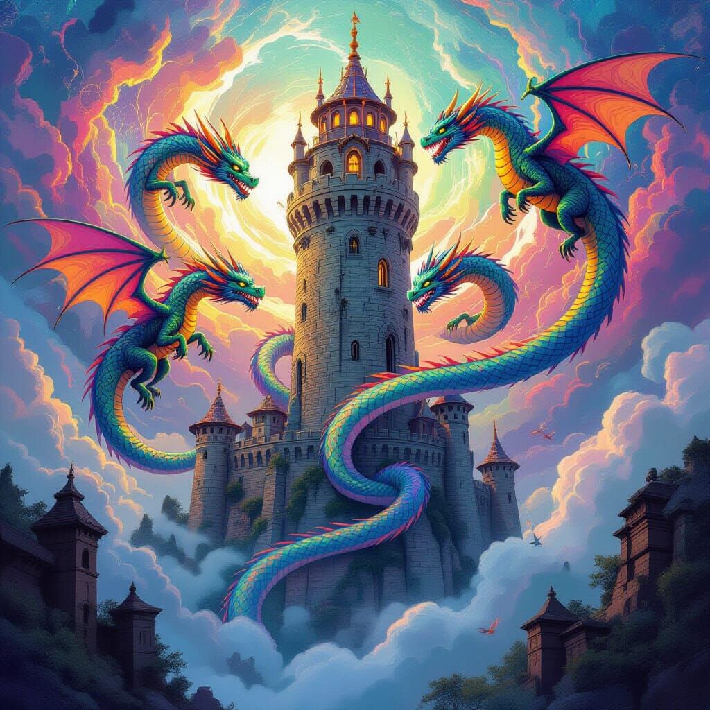 Kaleidoscope Dragons Swirling Around Ancient Tower