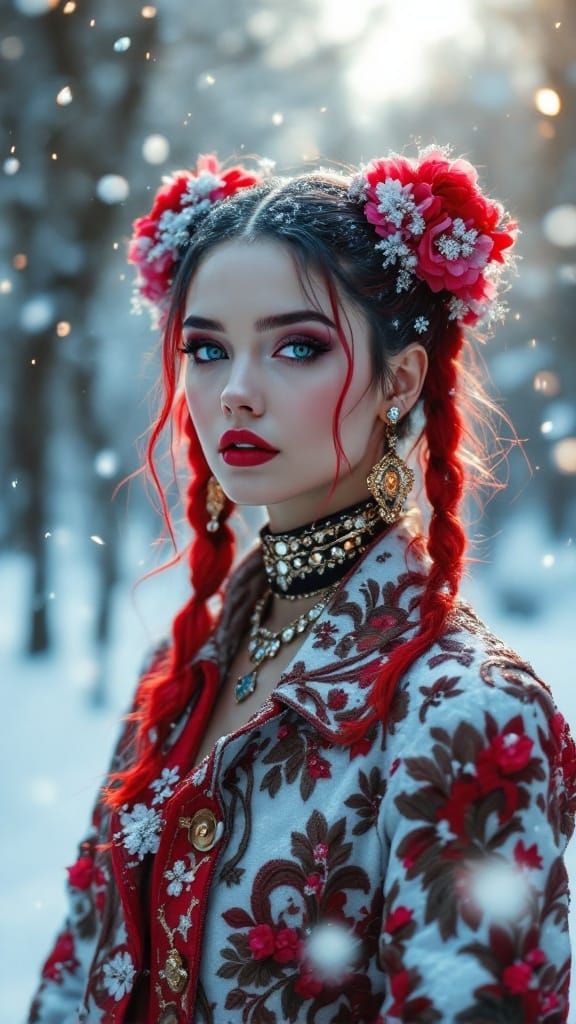 Elegant Cyberpunk Muse in Winter Splendor