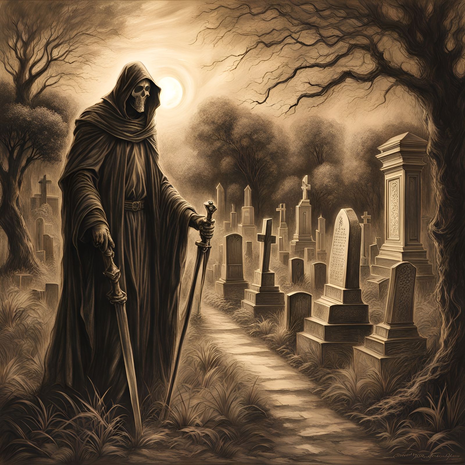 Grim Reaper in Cemetery Charcoal Drawing
