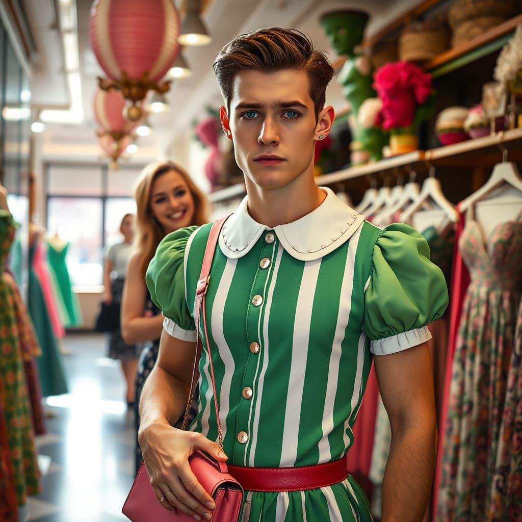 Man Crossdressing in Dress Shop, Hyperrealistic Cinematic St...
