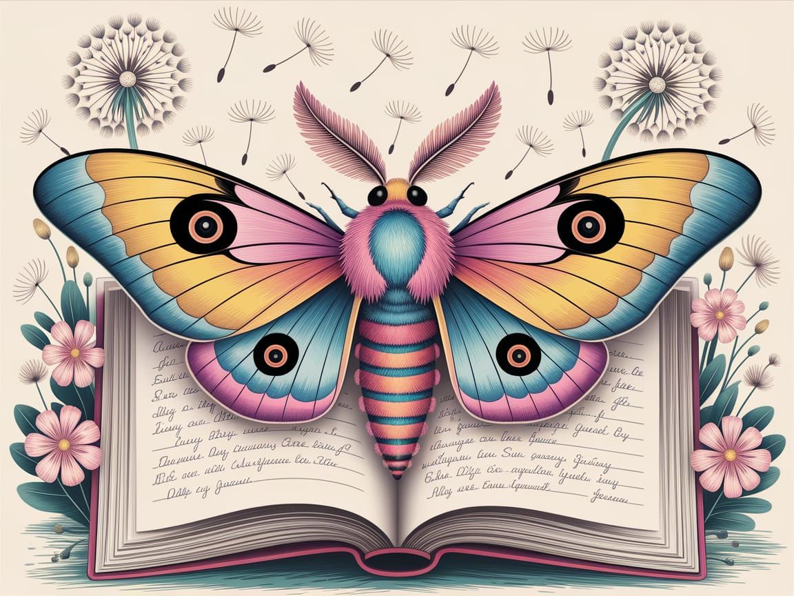 Dreamy Moth with Book and Dandelions