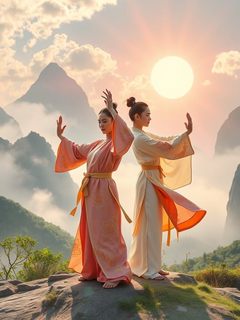 Women Warriors in Serene Tai Chi Stances Amidst a Misty Moun...