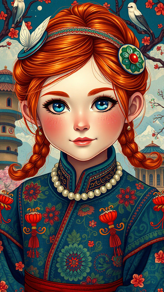Yakut Girl with Red Hair in Folk Art Style