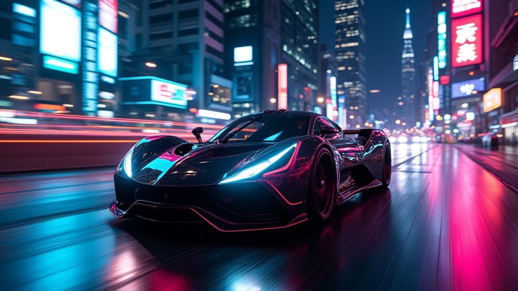 Cyberpunk Hypercar Speeds Through Futuristic Cityscape