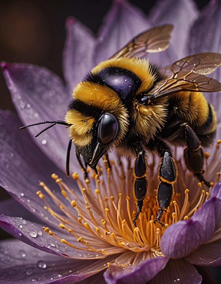 Bumblebee in Nectar on Lotus Leaf Macro