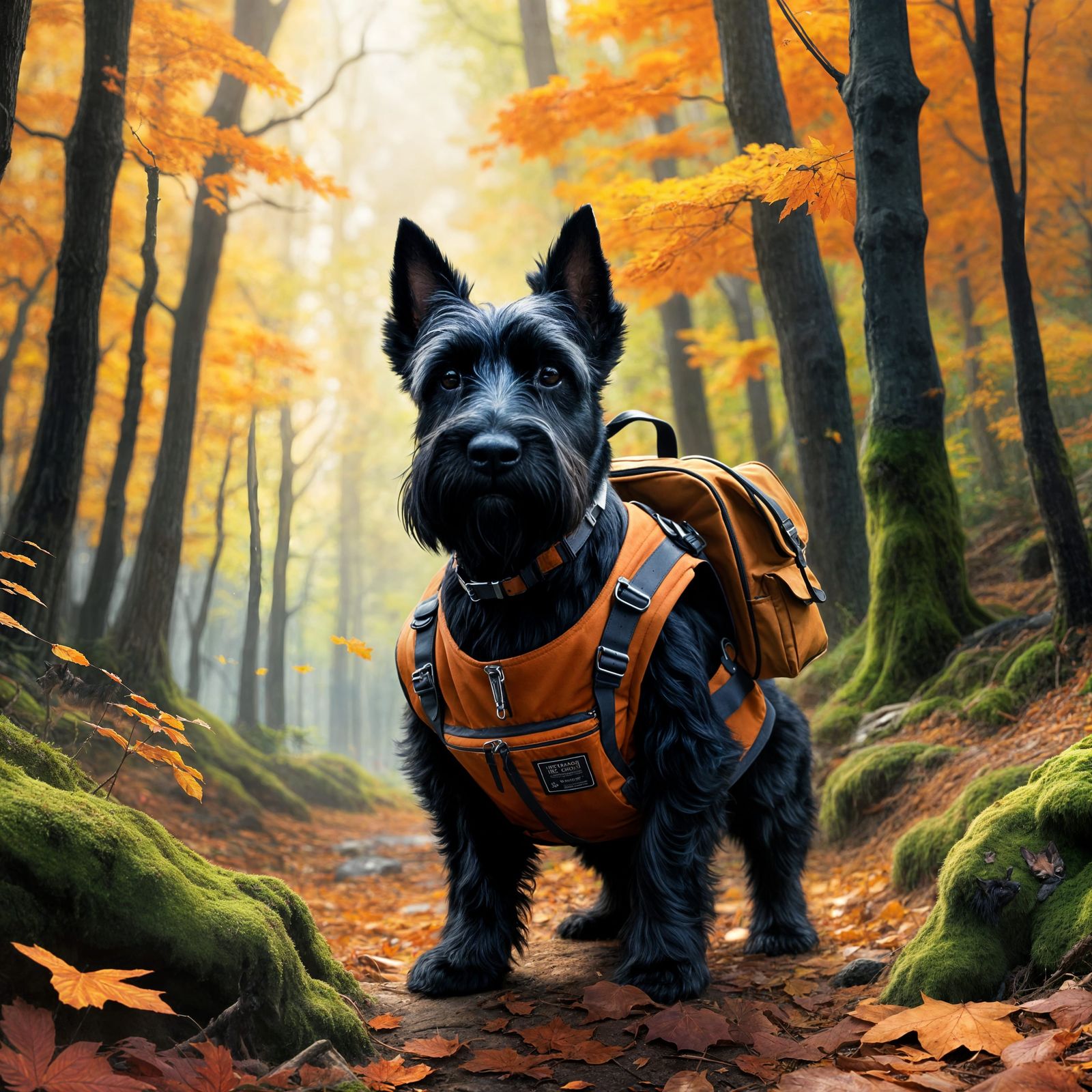 Scottish Terrier Hikes Autumn Forest as Oil Painting