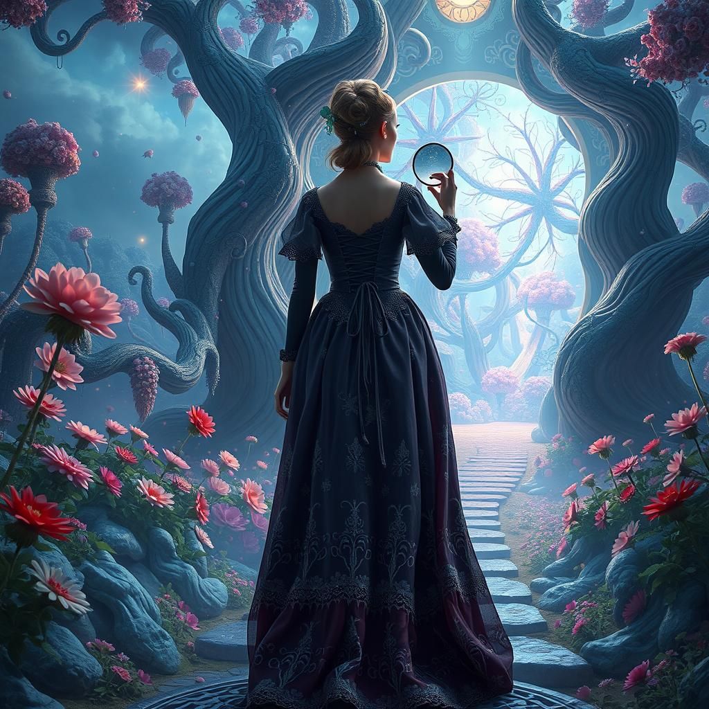 Woman Enters Mystical Garden Portal in 3D Matte Painting