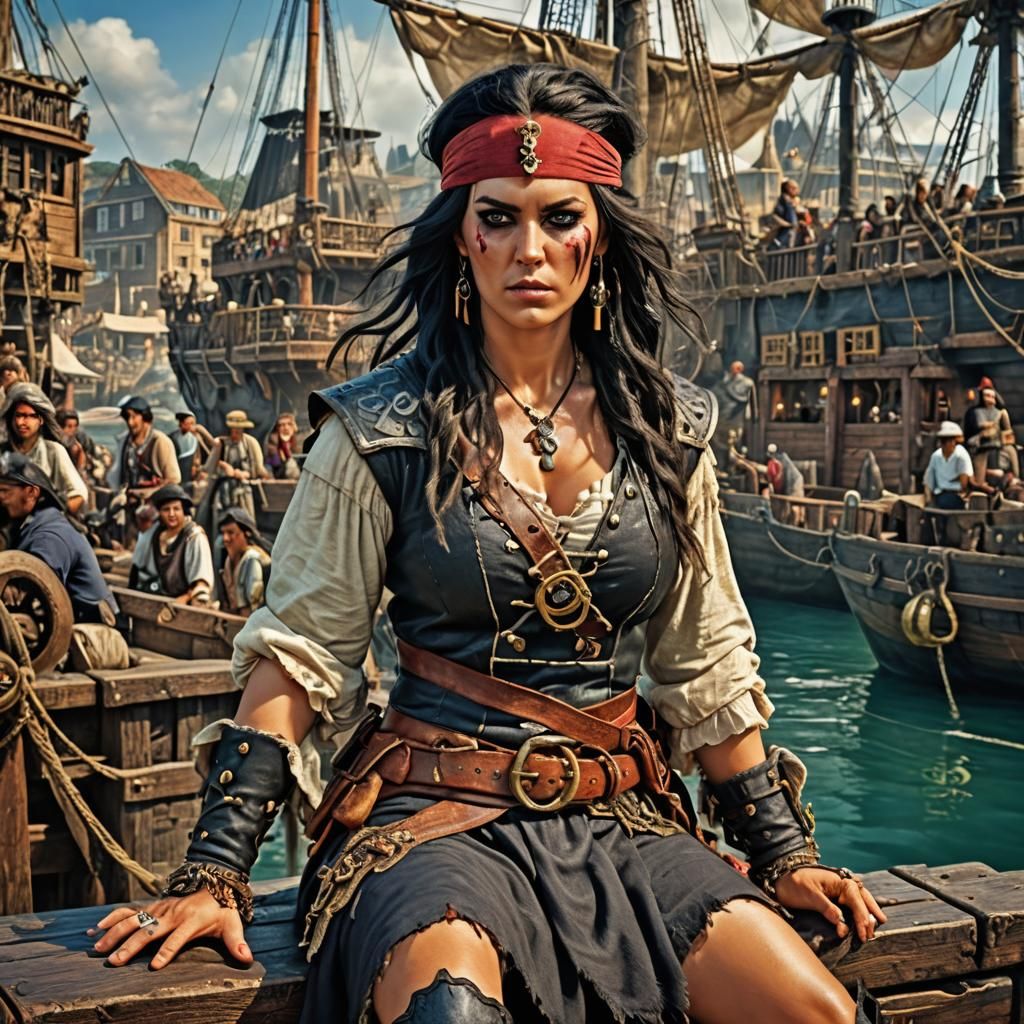 Barbarian Pirate Woman in Bustling Harbor Town