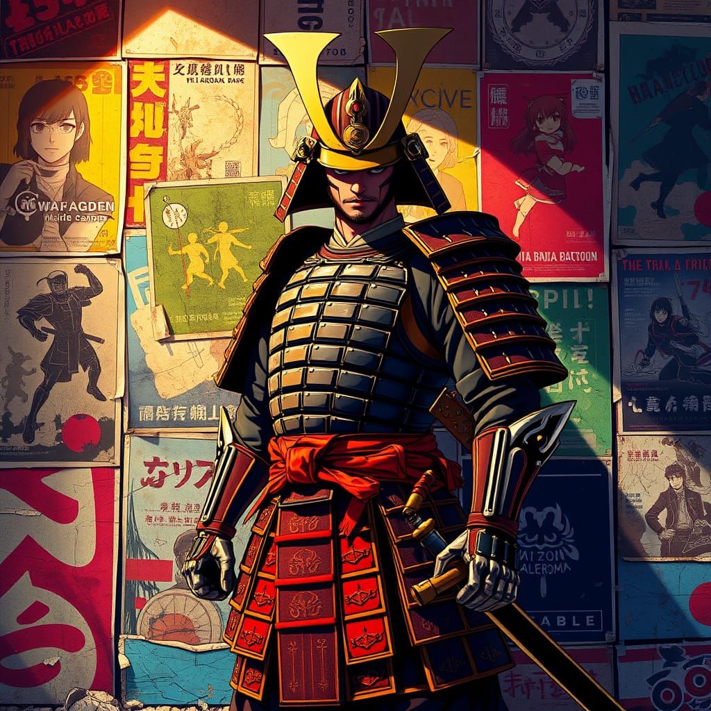 Samurai Amidst Retro Posters in Vibrant, High-Contrast Anime...