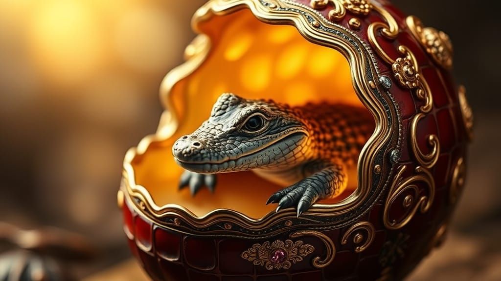 Ornate Alligator Skin Egg Opens to Reveal a Curious Baby All...
