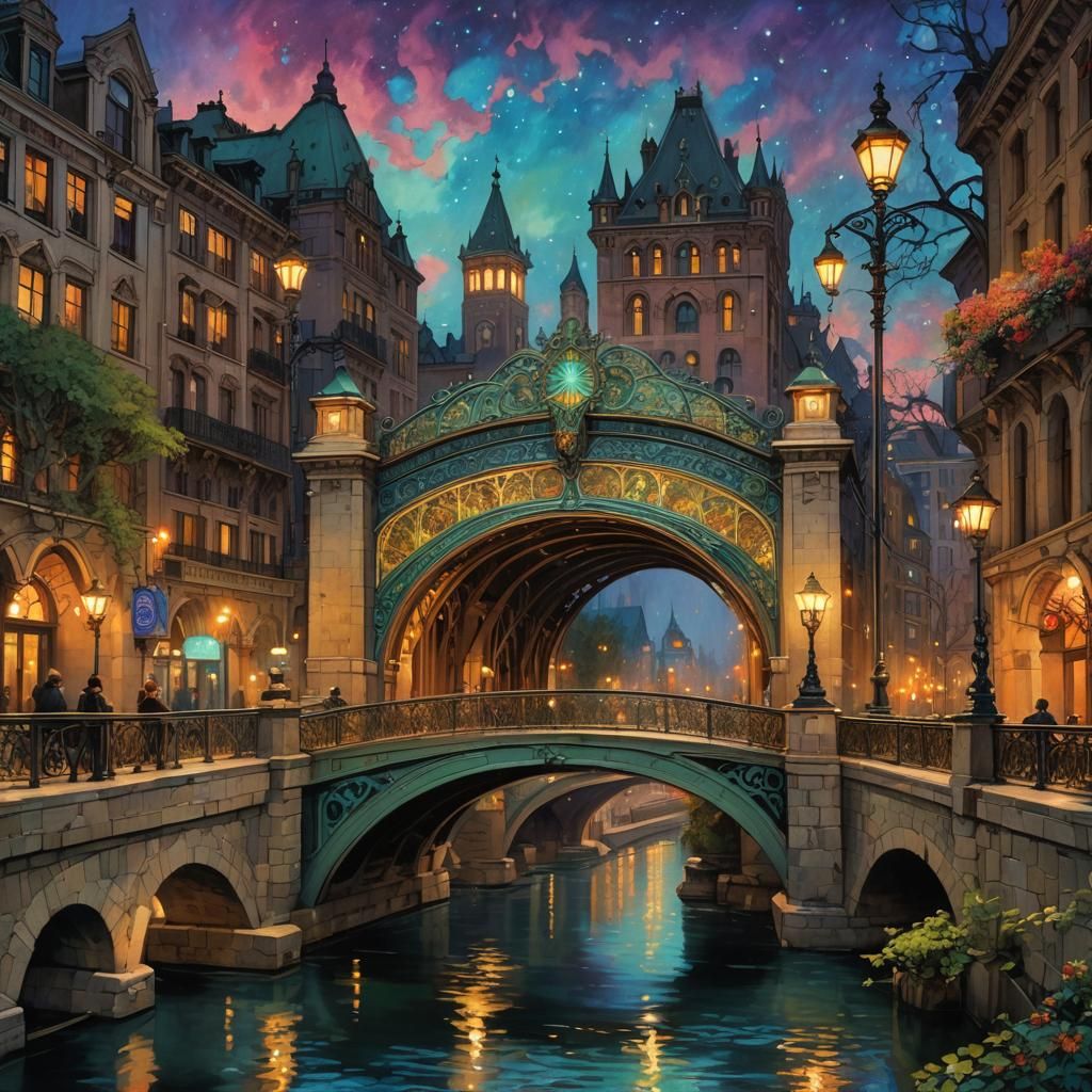 City Bridge at Night in Art Nouveau Style