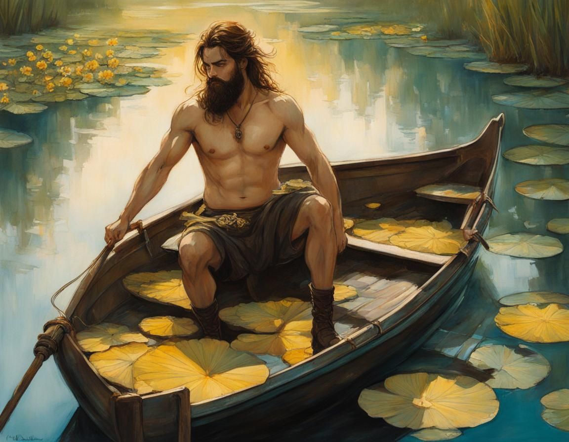 Bearded Man with Rapunzel Hair in Water Lily Boat