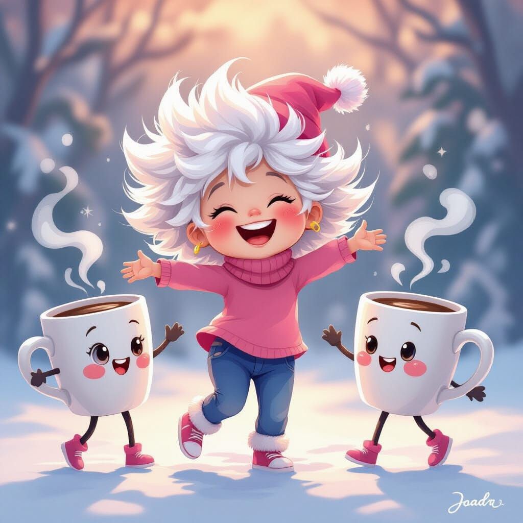 Playful Child Dances with Smiling Coffee Mugs in Winter