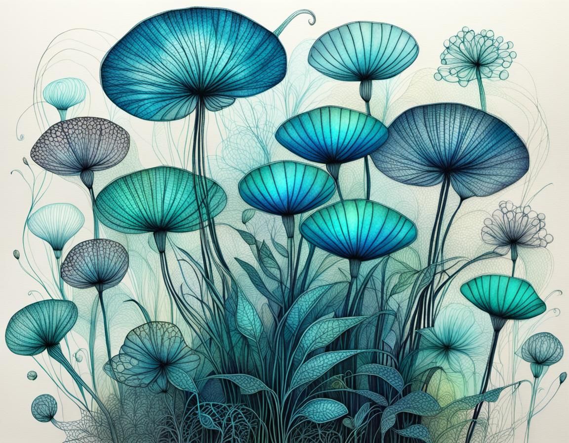 Bioluminescent Zentangle Papyrus Plants in Holographic Style