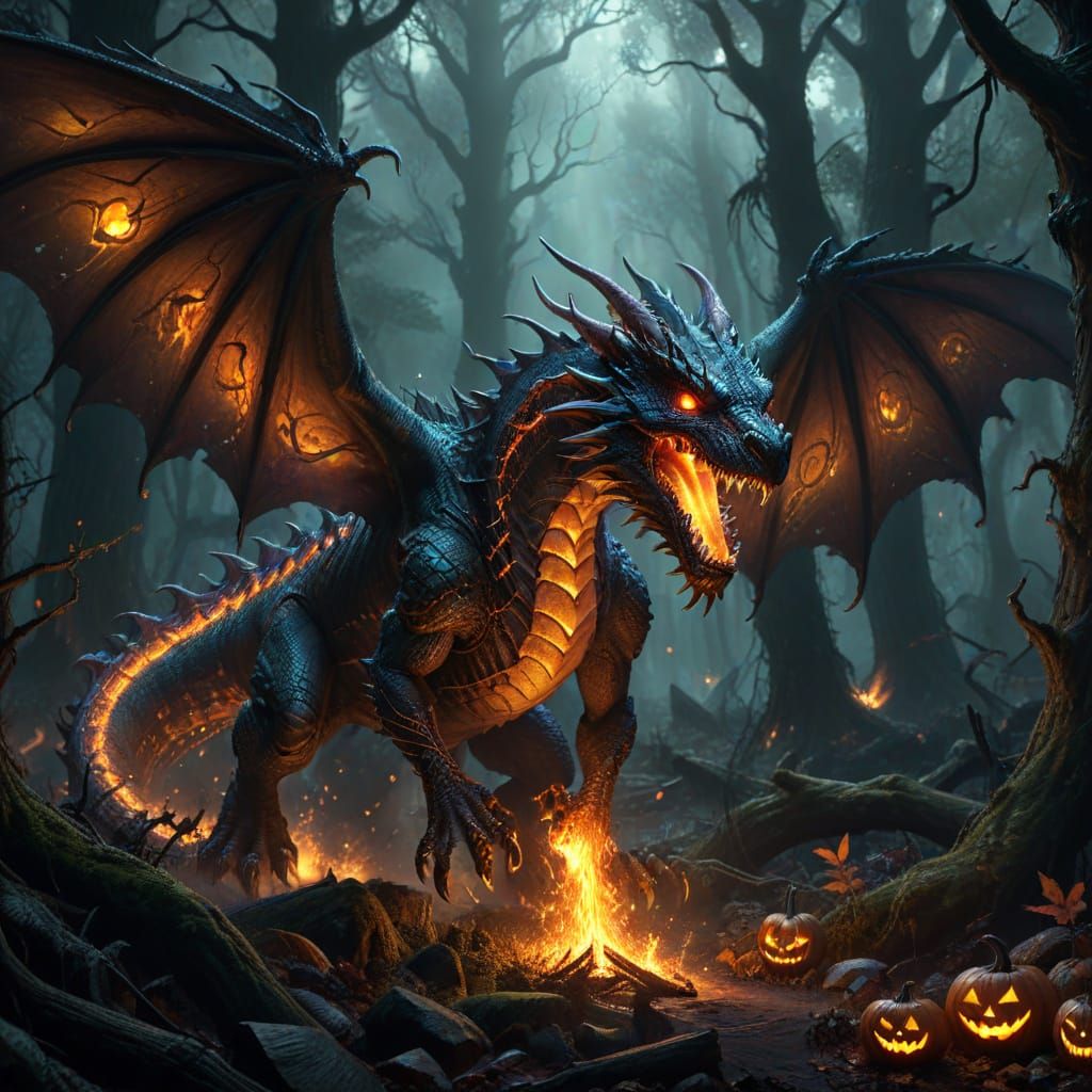 Majestic Dragon with Halloween Motifs in Eerie Forest