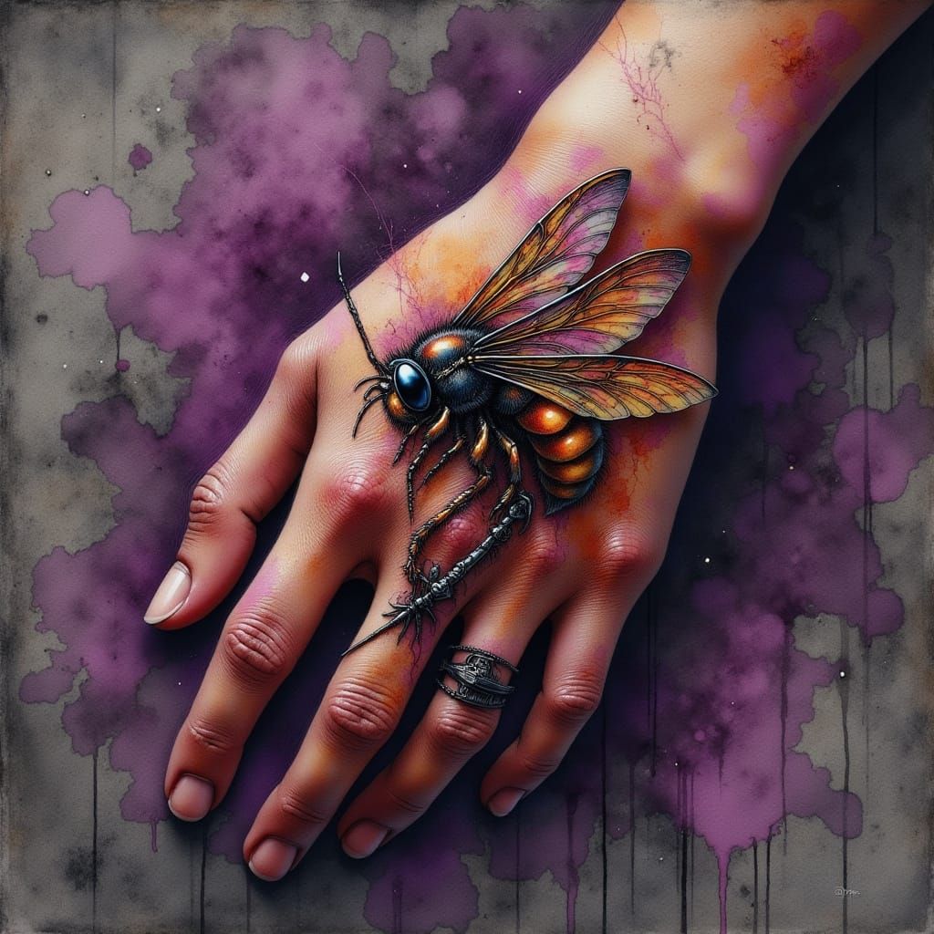 Asian giant hornet HAND tattoo with purple and gray grunge b...