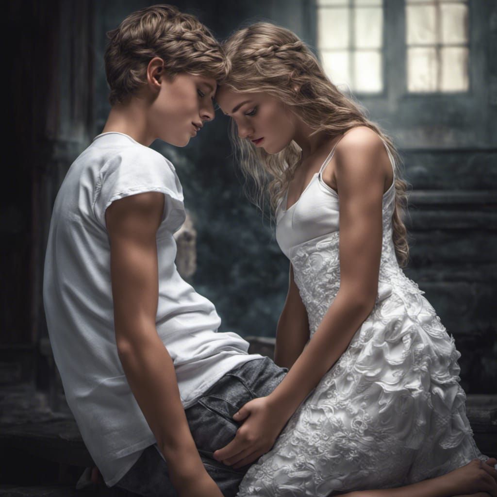 Teen Girl Faints into Boy's Arms: Hyperrealistic Digital Art