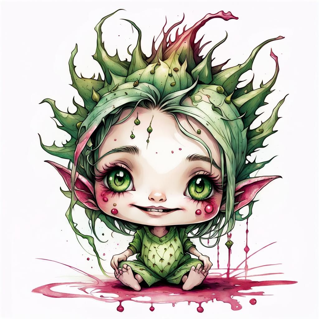 Chibi Dragon Fruit Girl Character, Mixed Media Art