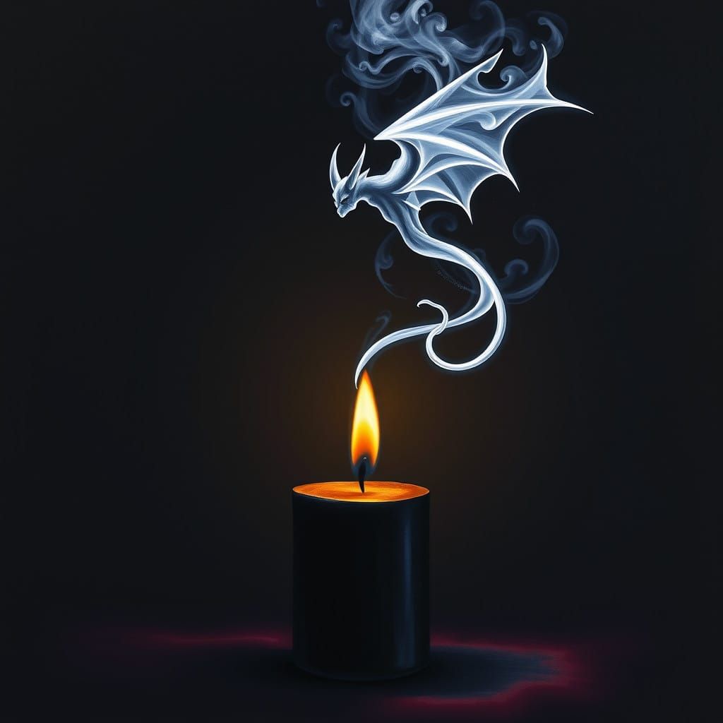 Surreal Black Candle Scene with Flying Demon in Neon