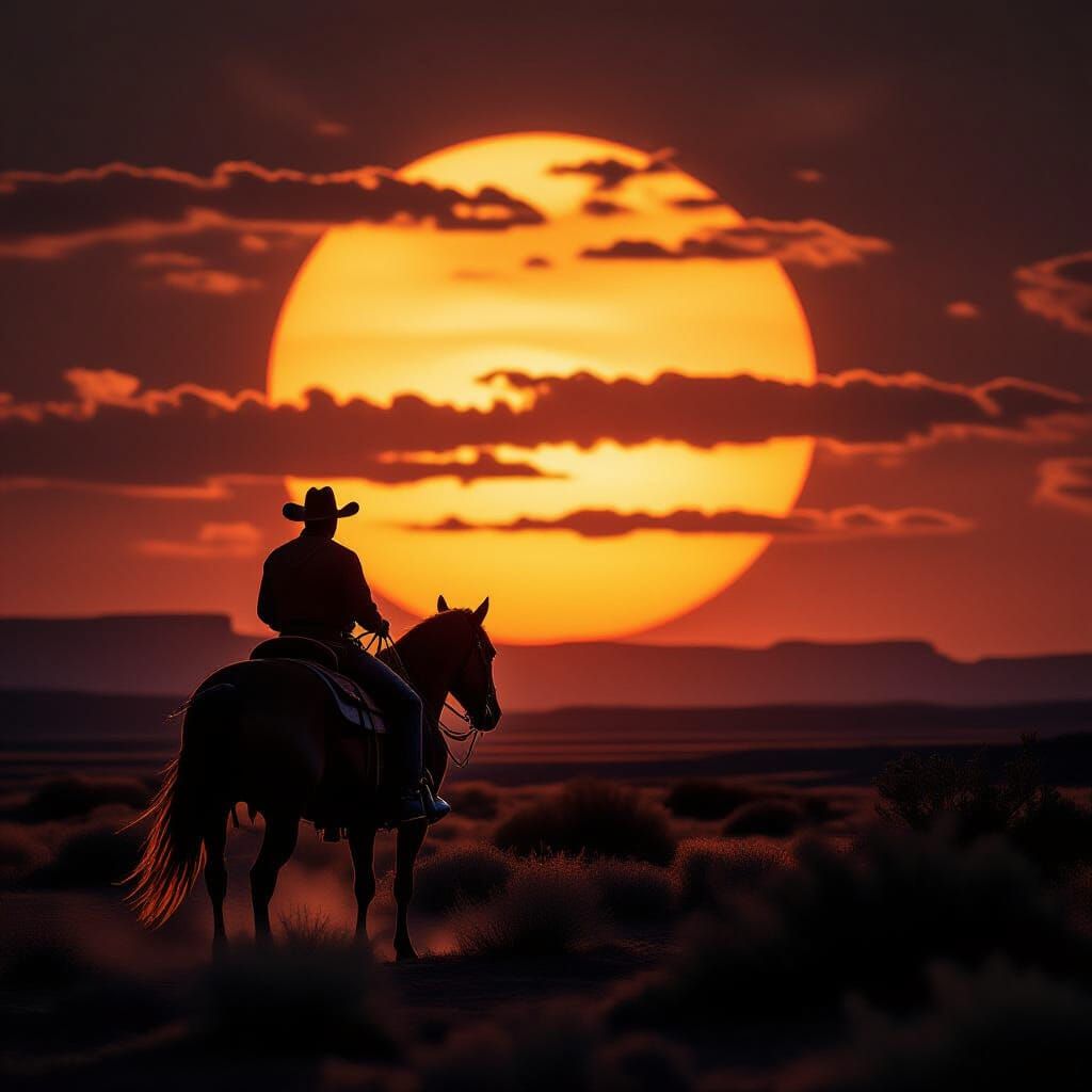 Lone Cowboy Silhouetted Against Setting Sun in Cinematic Wes...