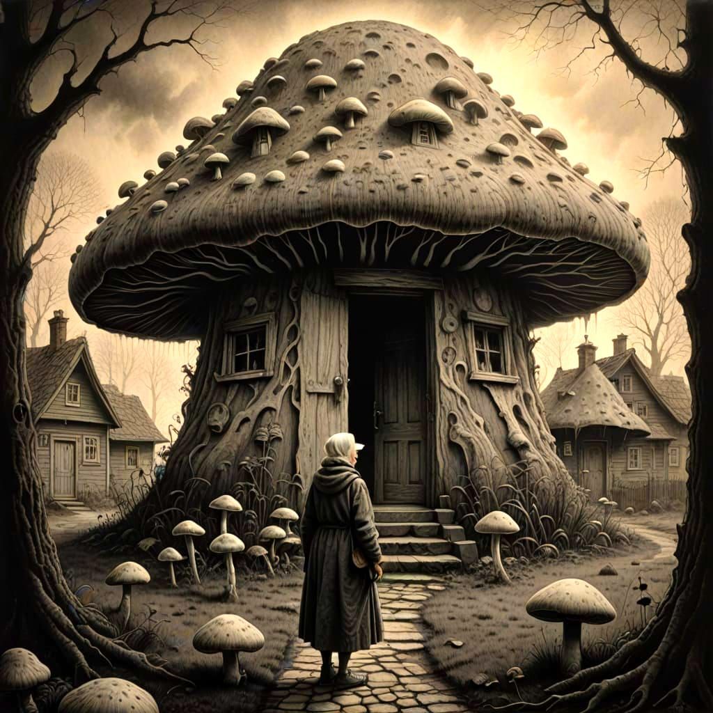 Whimsical Mushroom Cottage in Charcoal Drawing