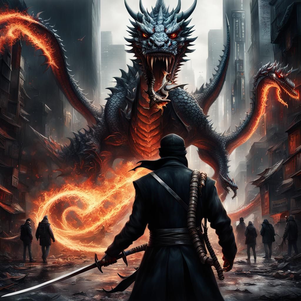 Swordsman and Dragon in a Destroyed City