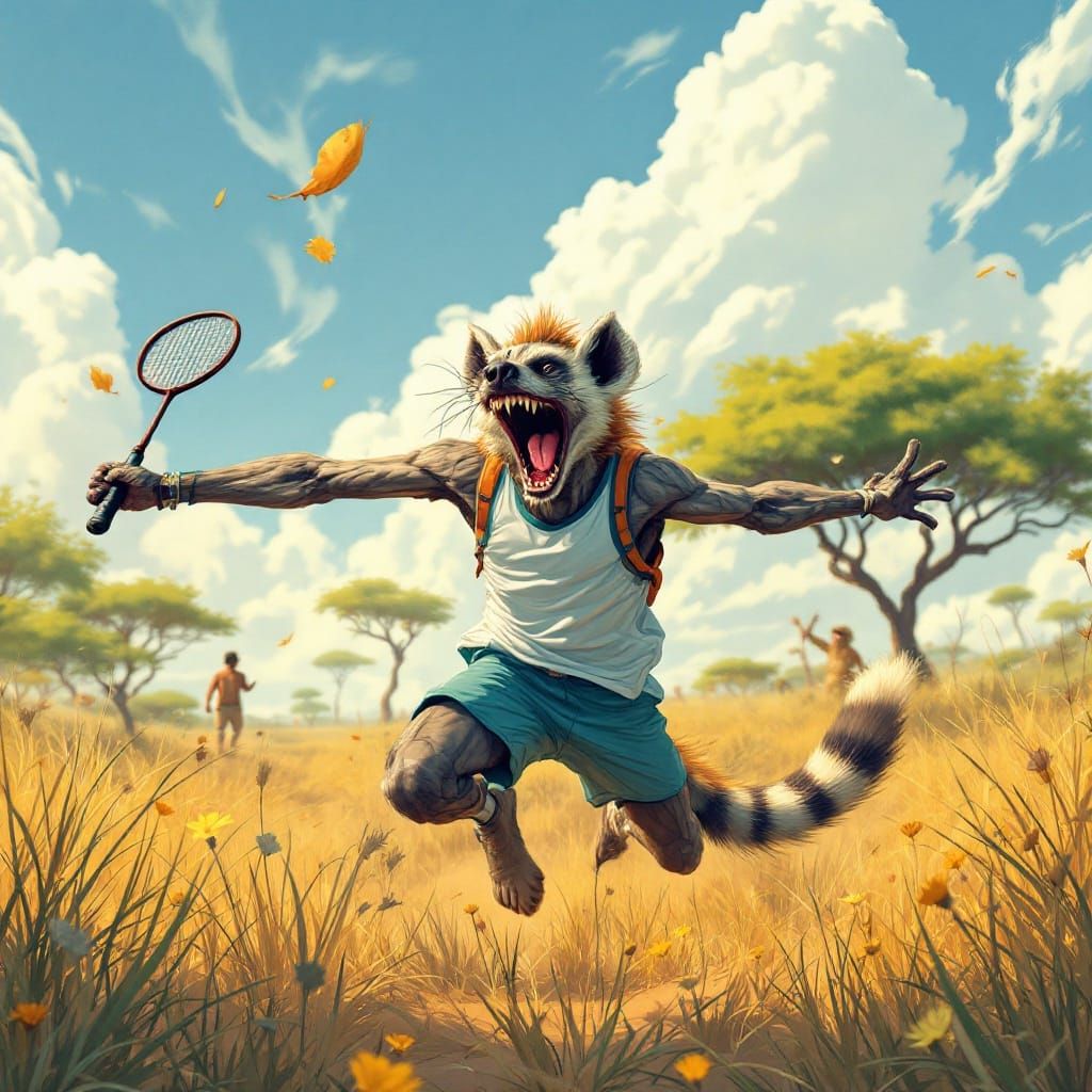 Hyena Plays Badminton in Sunny Savannah