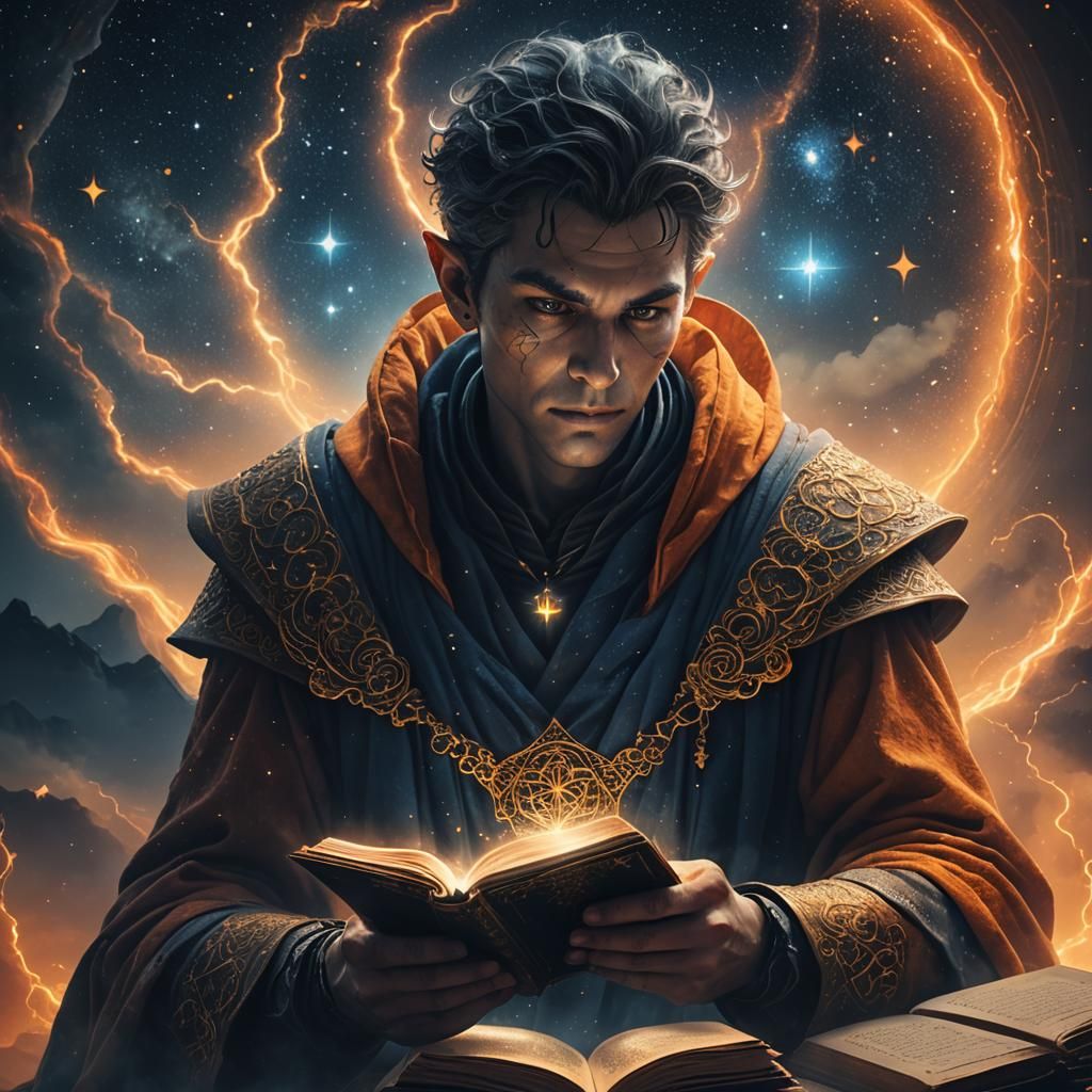 Fantasy Figure Reading Grimoire in Starry Landscape