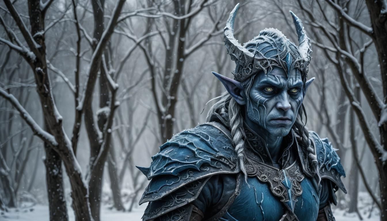 Hyperrealistic Frozen Blue Elf Warrior