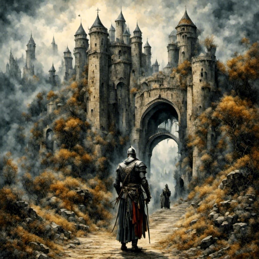 Crusader Knight Templar approaching fortress