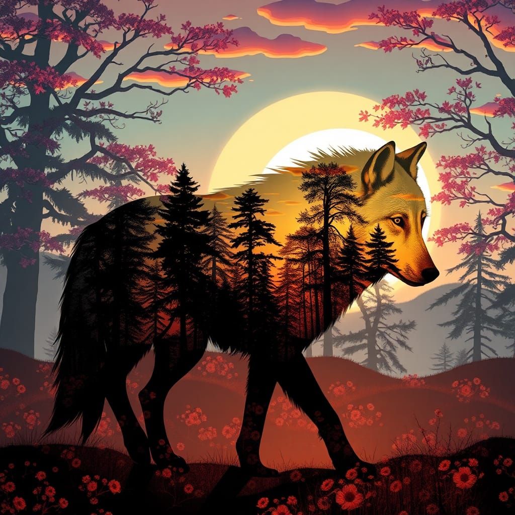 Wolf Silhouette with Japanese Sunset in Double Exposure