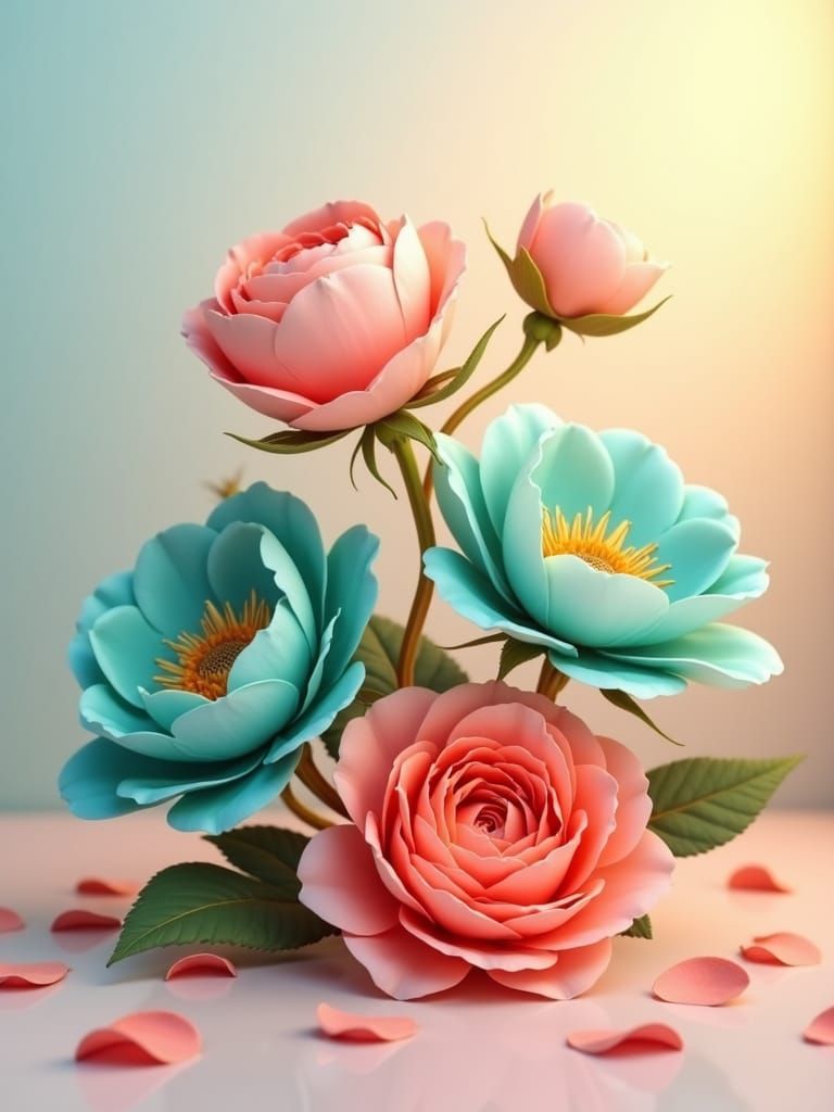 Coral Roses and Teal Peonies with Golden Accents