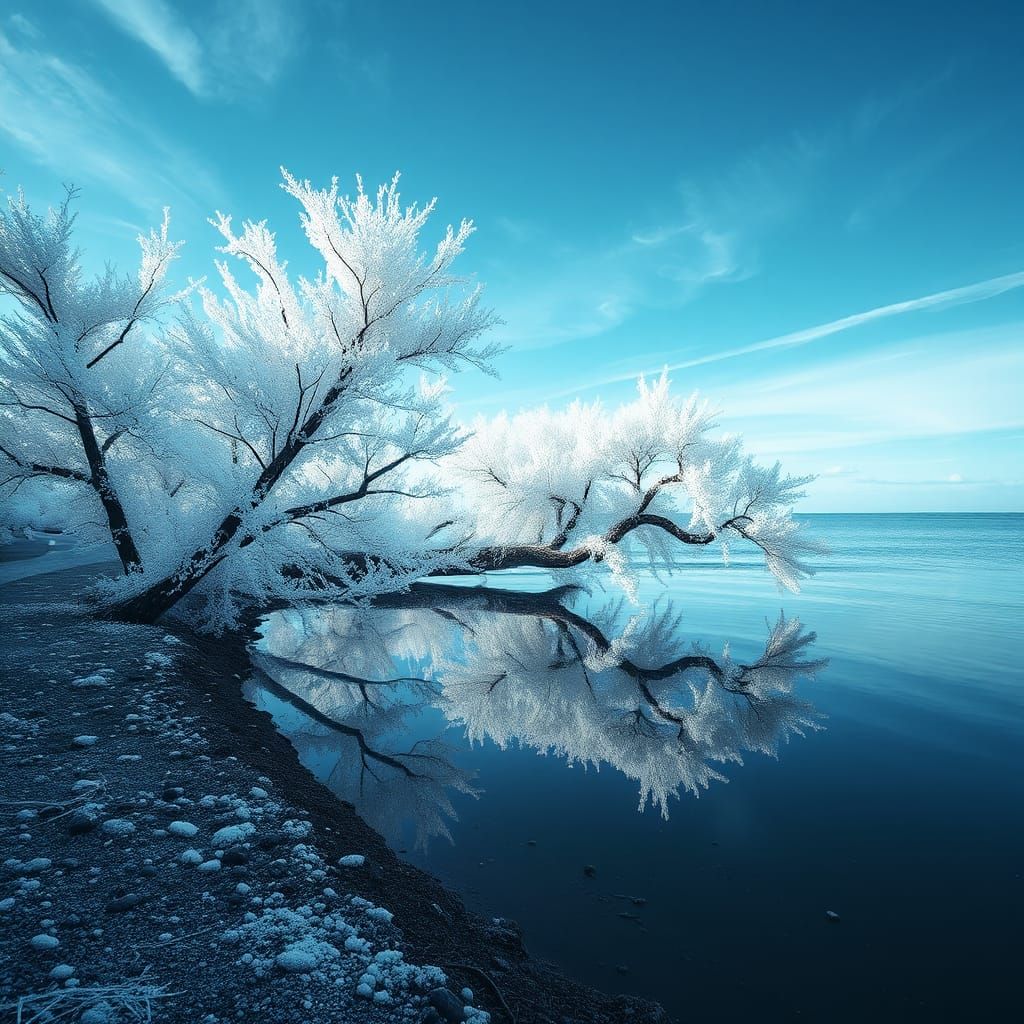 Surreal Infrared Lake Scene with Frosted Trees