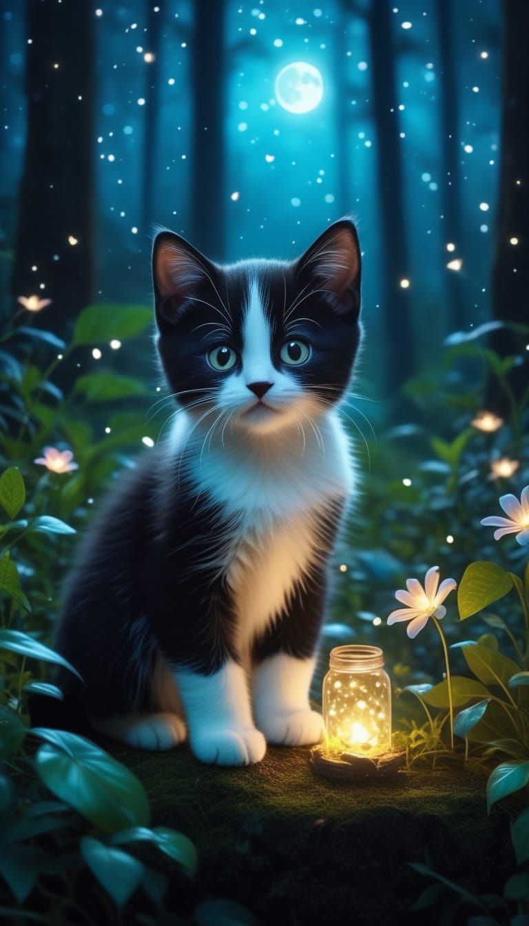 Enchanting Tuxedo Kitten in Glowing Fairy Forest at Night