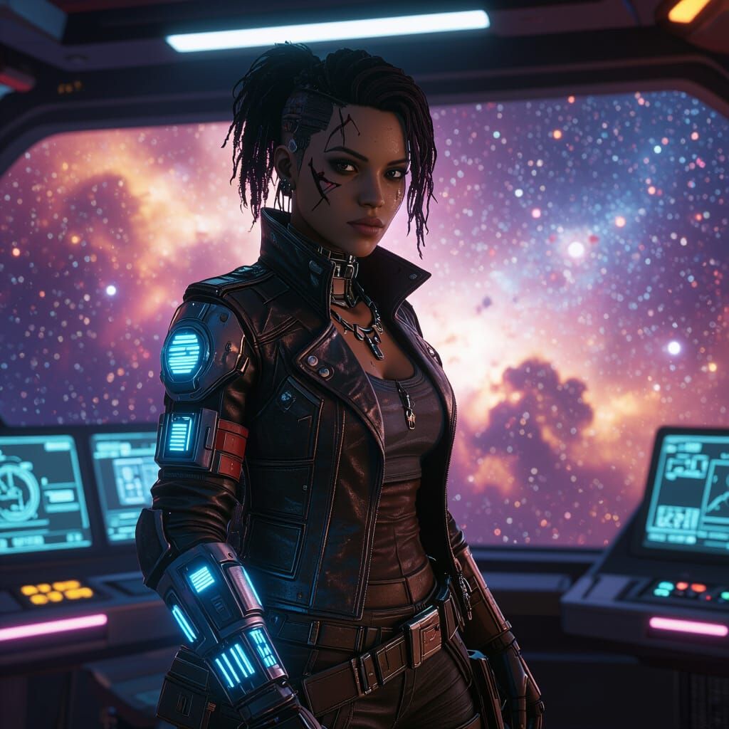 Space Pirate Captain with Cybernetic Arm in Hyperrealistic S...