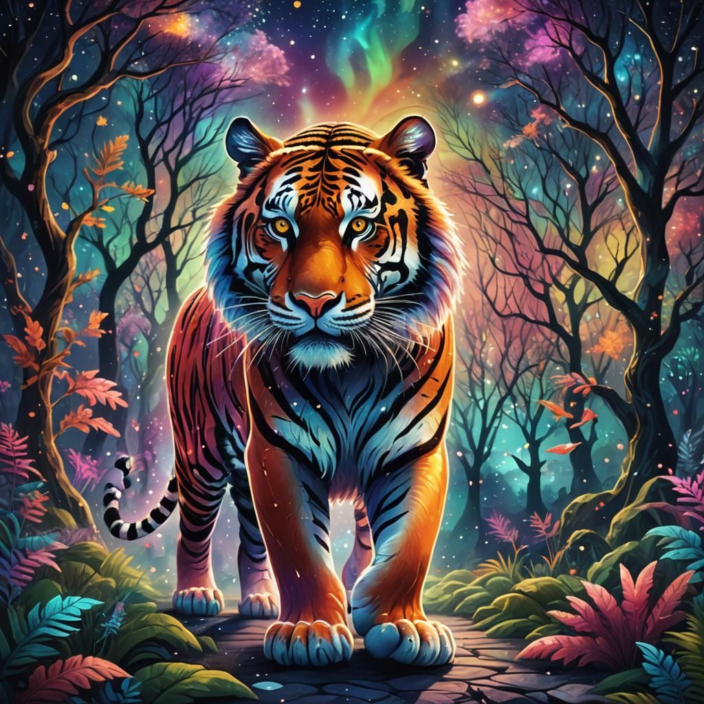 Cosmic Tiger in Astral Forest: Peruvian Folk Art