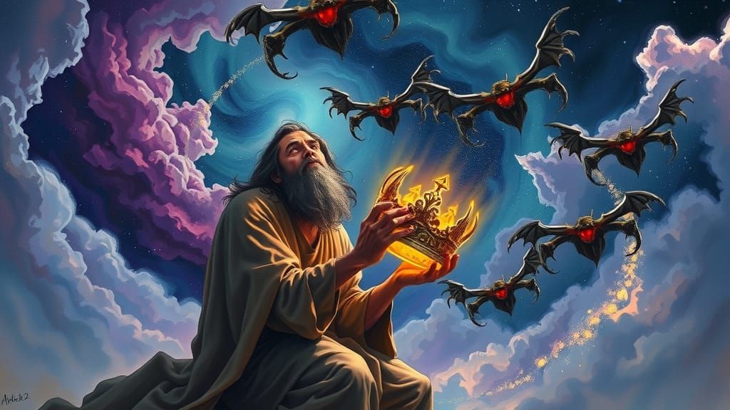 A Desperate Soul Faces Demonic Horde in a Cosmic Backdrop