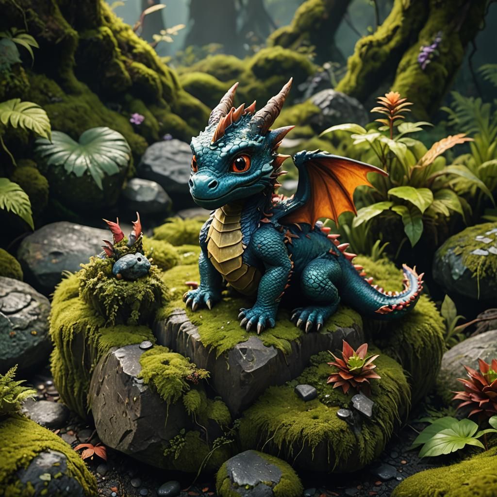 Miniature Dragon on Mossy Stone, Fantasy Concept Art