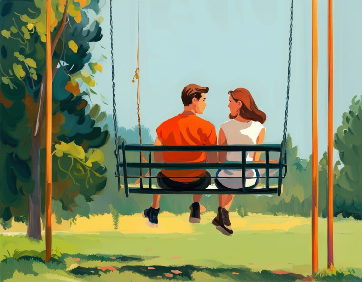 Impressionistic Young Couple on a Swing Set