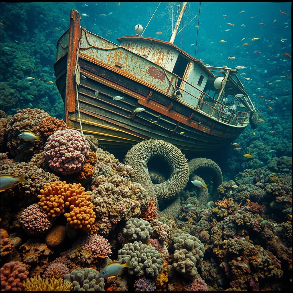 Vibrant Coral Reef with Sunken Boat and Monster