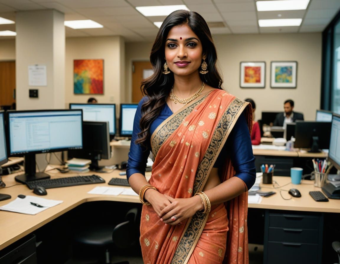 Indian Woman in Whimsical Sari at Modern Office