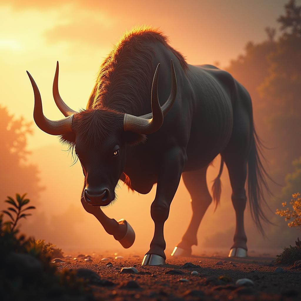Majestic Killer Bull with Horse Legs in Fantasy Landscape