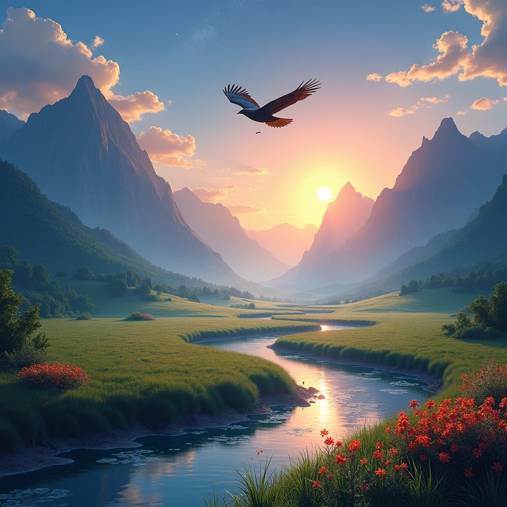 Soaring Bird at Sunrise over Mountain Valley