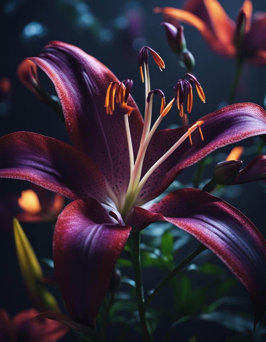 Backlit Explosion of Darkly Colorful Flowers