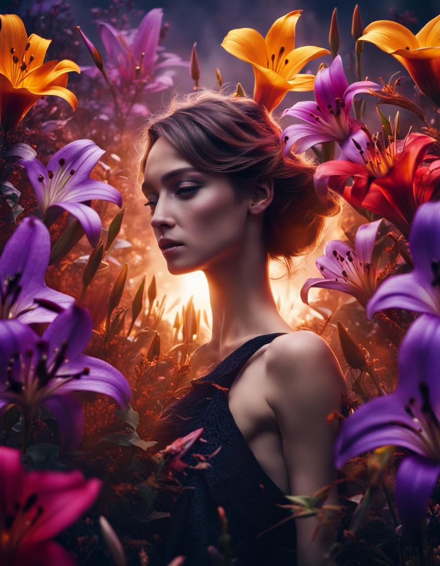 Backlit Lilies Explosion in Darkly Colorful Style