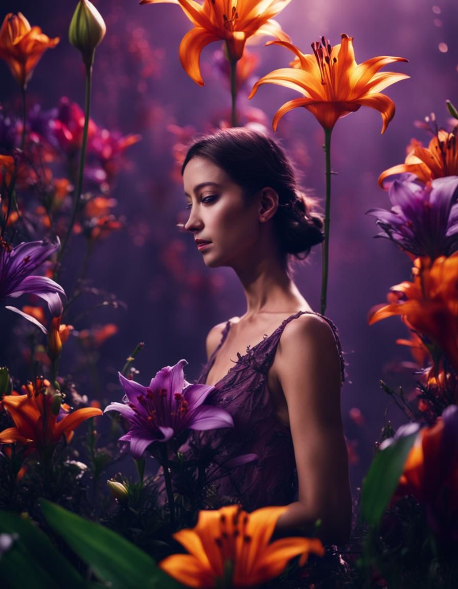 Explosion of Backlit Flowers in Dark Cinematic Style