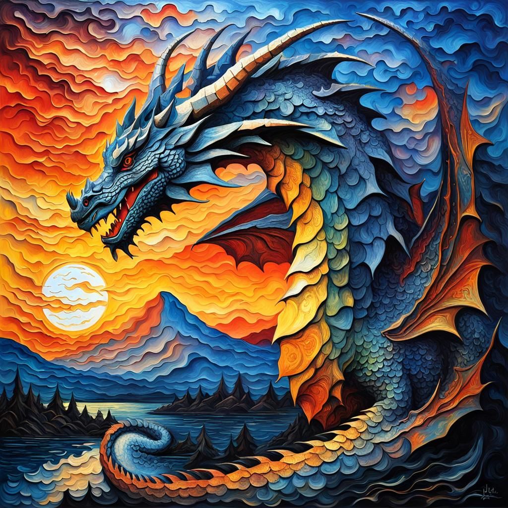 Dragon Impasto: Dark Art Sunset Masterpiece