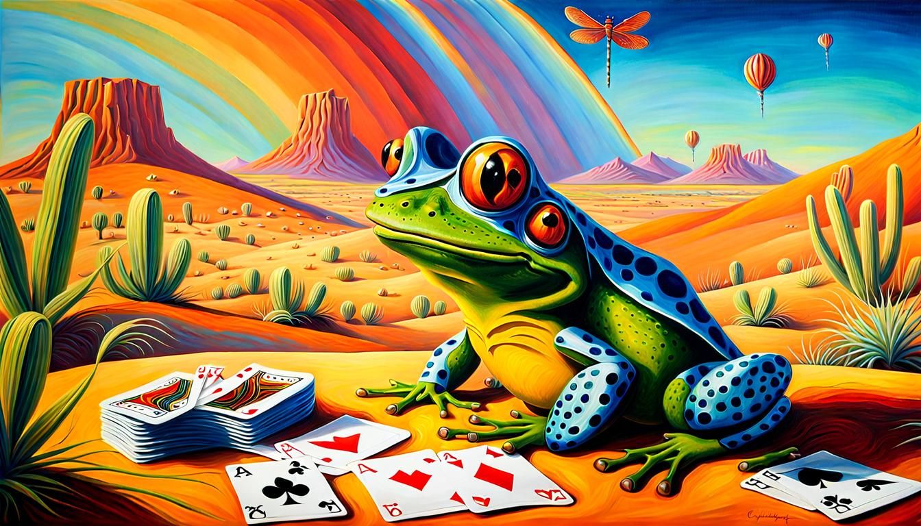 Frog and Dragonfly Play Cards in Desert Landscape