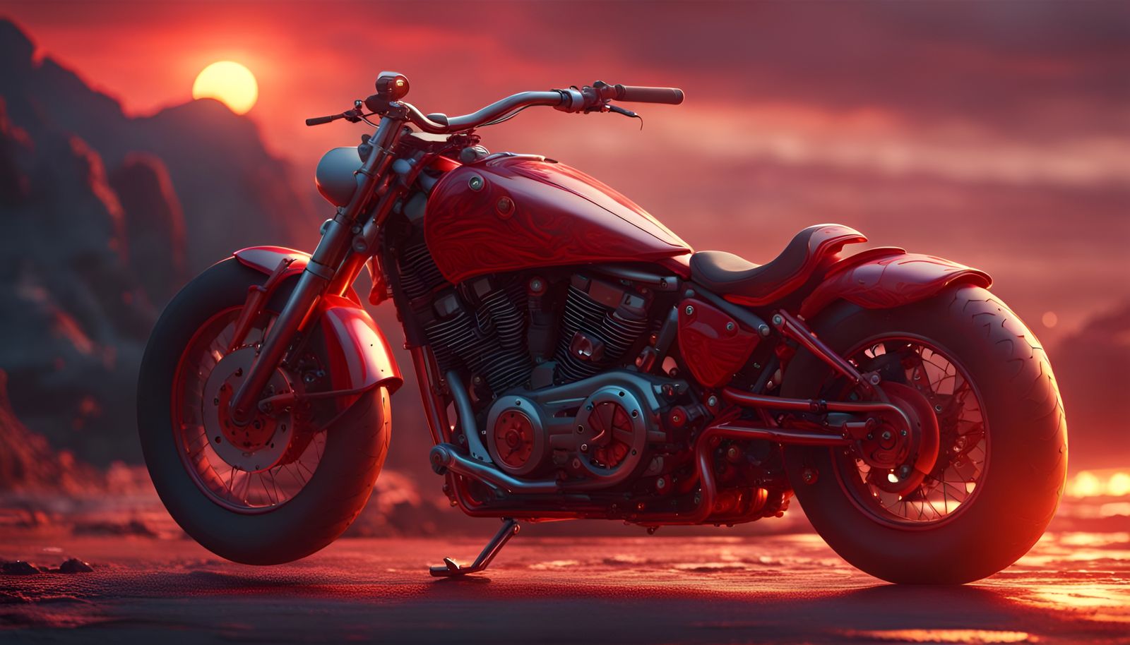Red Motorcycle at Sunset: Detailed Matte Painting