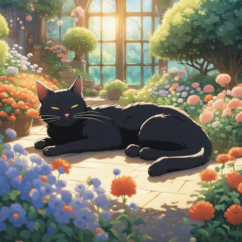 Black Cat Sleeping in Magical Garden: Ghibli-esque Anime